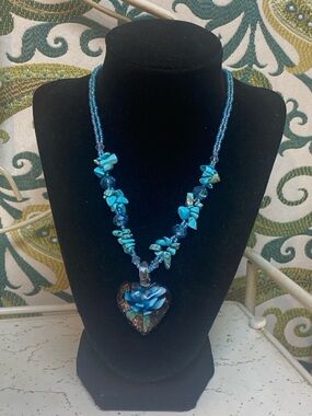 Vintage Turquoise Blue Glass Bead Necklace Heart Pendant Boho Southwestern